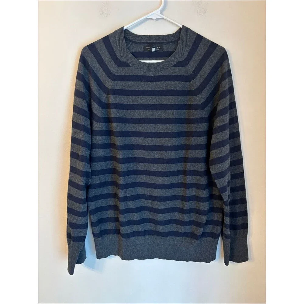 Banana Republic Men's cotton cashmere Striped Crewneck Sweater Navy & Gray LG